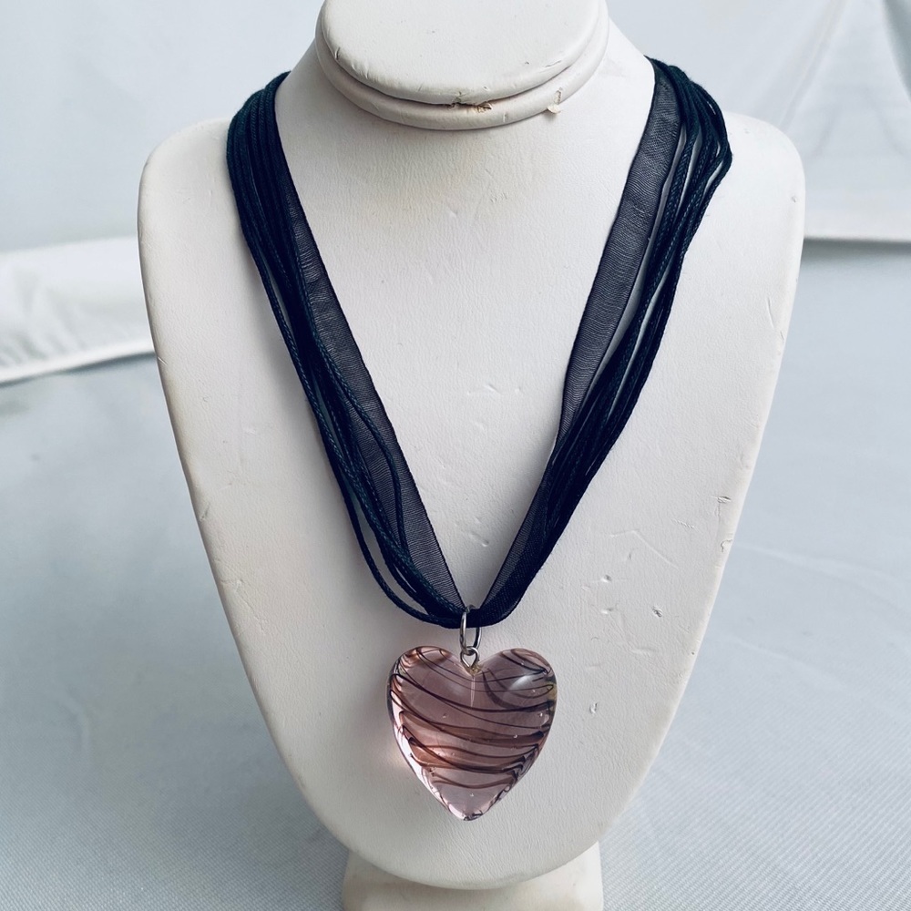 Black multi-strand ribbon and pink glass heart necklace